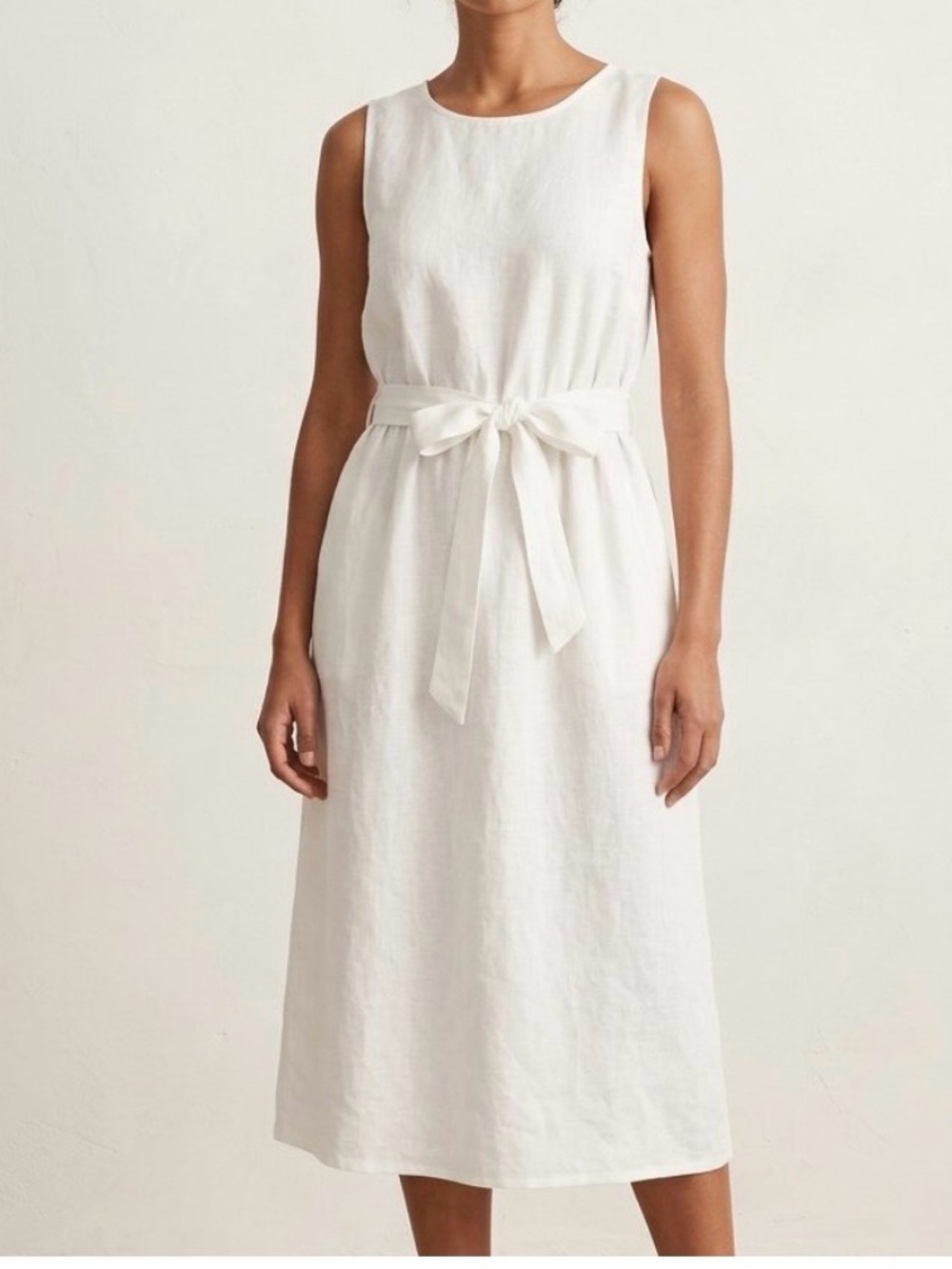 Saks Fifth Avenue White 100%Linen Sleeveless Belted Midi Dress Womens Size L NWT